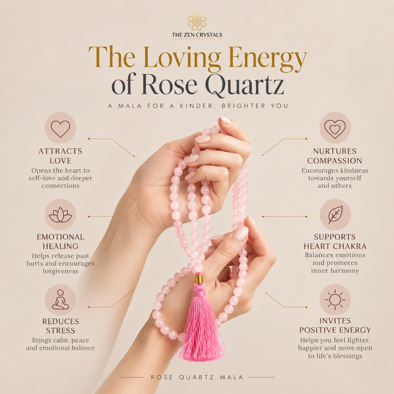 A pink rose quartz mala bead mala necklace with a tassel is held by a hand against a beige background with text and icons explaining its benefits. The brand name 'The Zen Crystals' is visible at the top.