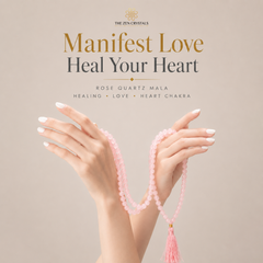 A pair of hands with white manicured nails holds a pink rose quartz mala prayer bead necklace with a tassel against a warm beige background. The text 'The Zen Crystals Manifest Love Heal Your Heart' is displayed at the top.