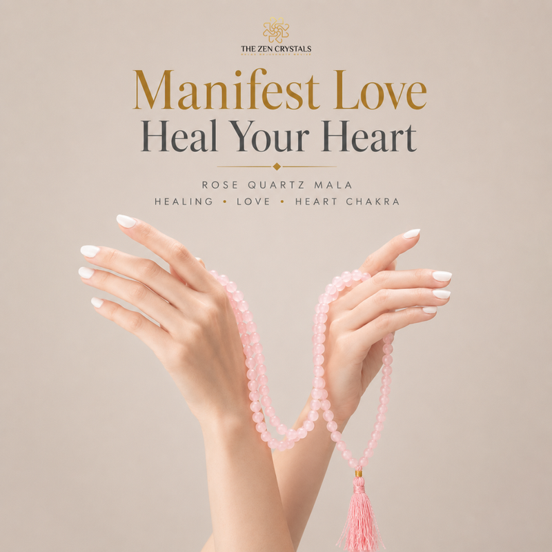 A pair of hands with white manicured nails holds a pink rose quartz mala prayer bead necklace with a tassel against a warm beige background. The text 'The Zen Crystals Manifest Love Heal Your Heart' is displayed at the top.
