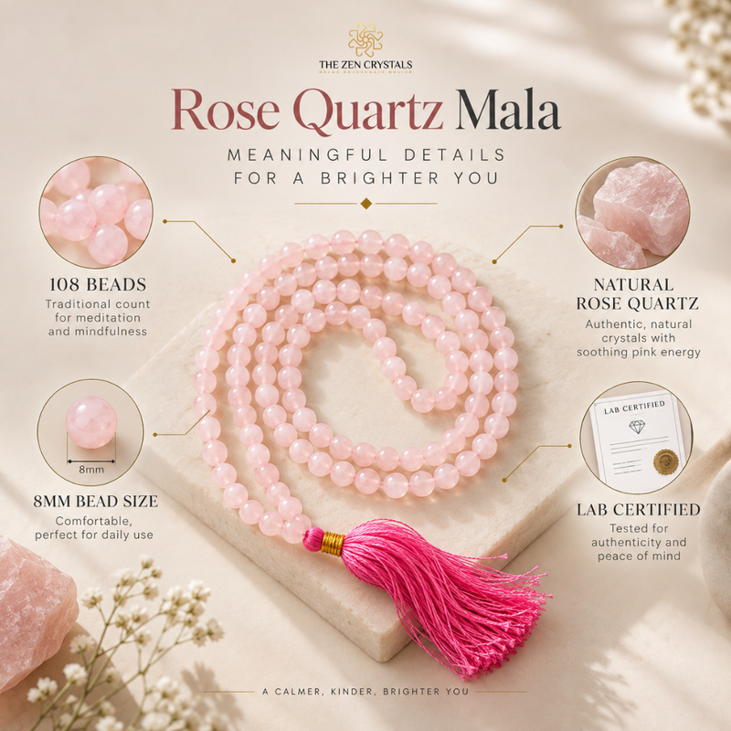 A pink rose quartz mala bead necklace with a bright pink tassel is displayed on a marble slab with surrounding rose quartz crystals. The image includes informational callouts about 108 beads, 8mm bead size, natural rose quartz, and lab certification.