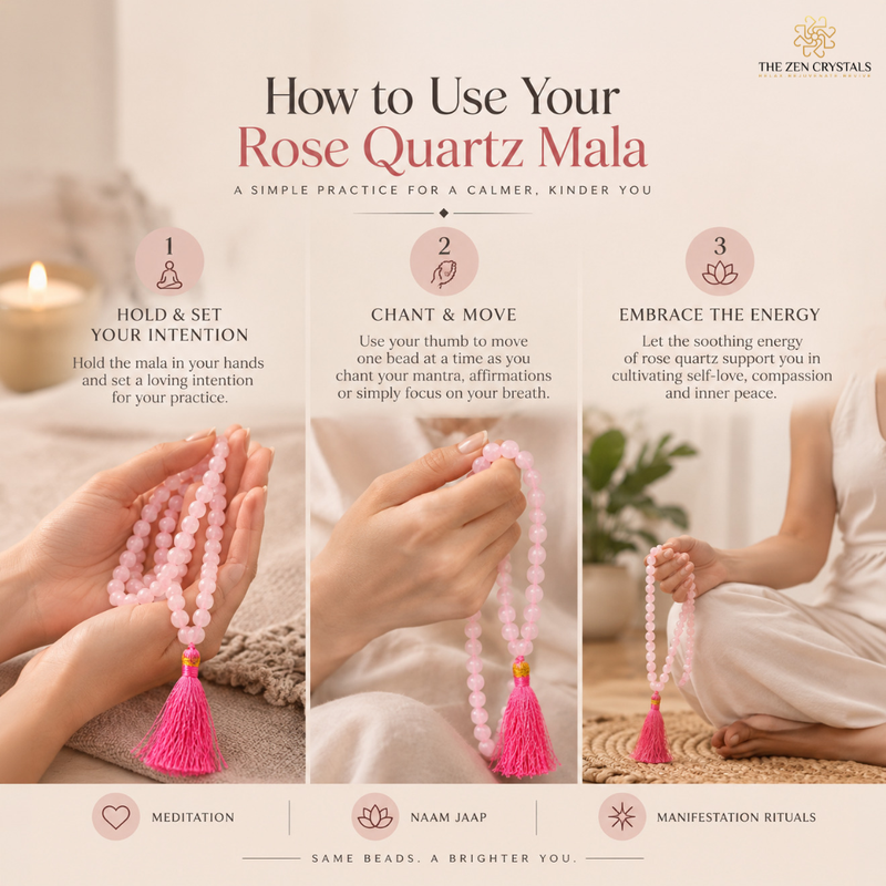 An instructional infographic titled 'How to Use Your Rose Quartz Mala' from The Zen Crystals, showing three steps: holding and setting the mala beads, chanting and moving them, and embracing the energy. The central panels show hands and a seated figure holding pink rose quartz mala beads with bright pink tassels against a warm beige background.