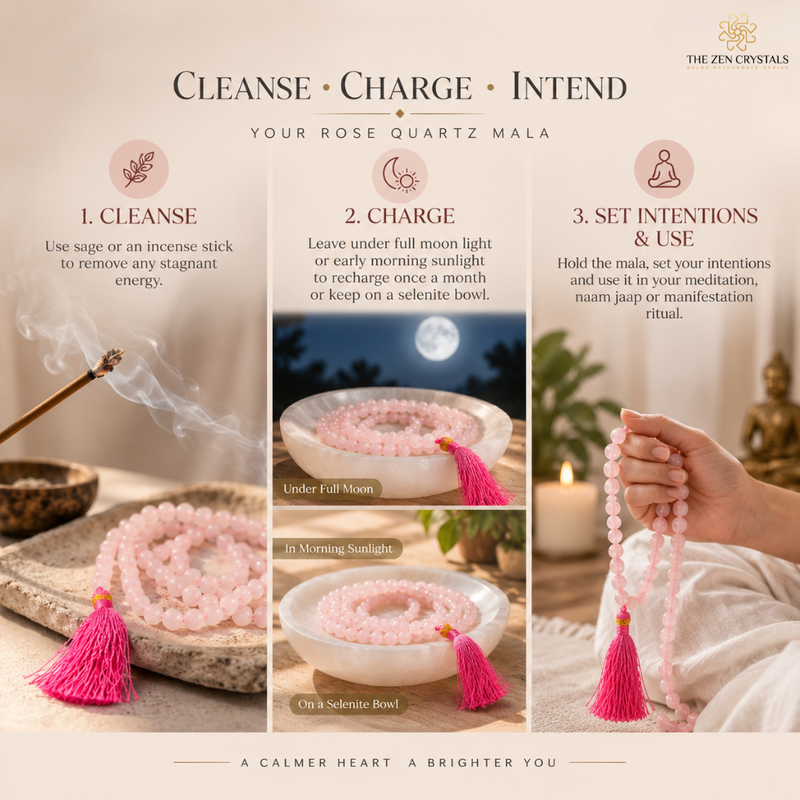 A promotional graphic for a pink rose quartz mala prayer bead necklace with tassel by The Zen Crystals. The image is a three-panel guide titled 'CLEANSE • CHARGE • INTEND' showing steps: cleansing with sage and incense, charging under moonlight and sunlight, and setting intentions while holding the mala necklace with a tassel.
