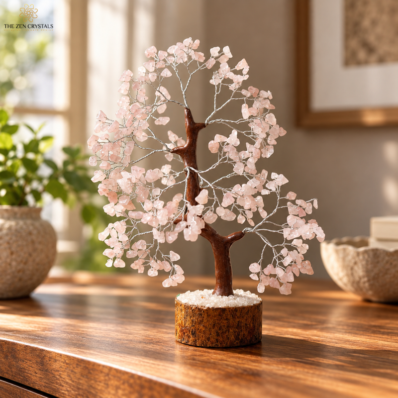 A rose quartz crystal tree decorative piece with a brown wire trunk and branches adorned with pale pink rose quartz leaves, mounted on a round textured base, displayed on a wooden table in a warm, softly blurred interior setting.