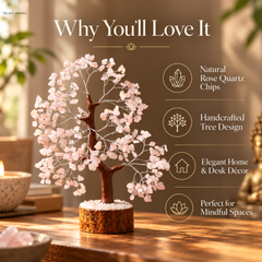 A rose quartz crystal tree centerpiece displayed on a wooden table, with promotional text on the right highlighting natural rose quartz chips, handcrafted tree design, elegant home and desk decor, and suitability for mindful spaces.