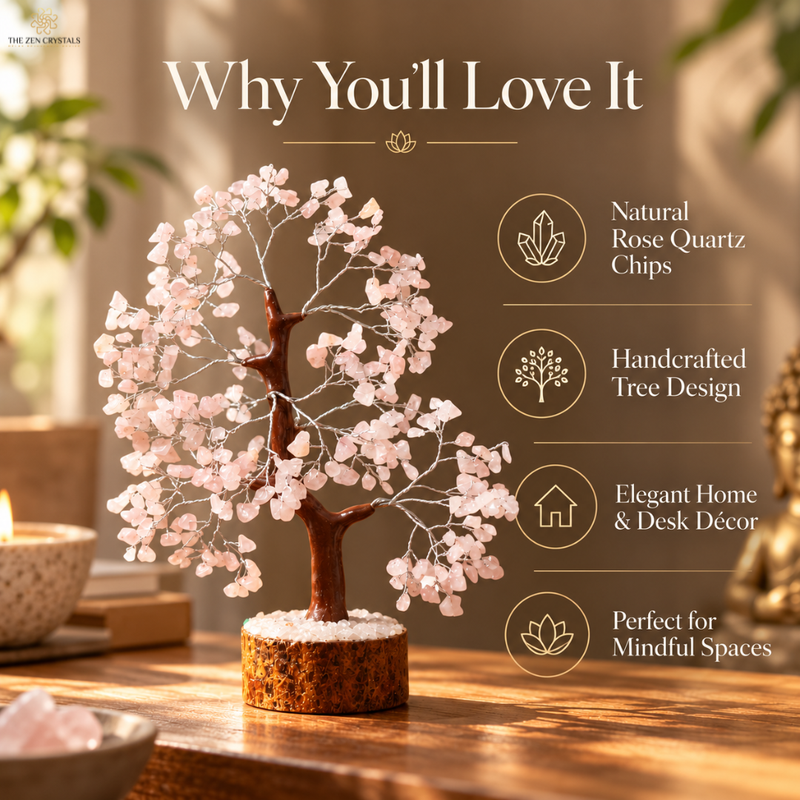 A rose quartz crystal tree centerpiece displayed on a wooden table, with promotional text on the right highlighting natural rose quartz chips, handcrafted tree design, elegant home and desk decor, and suitability for mindful spaces.