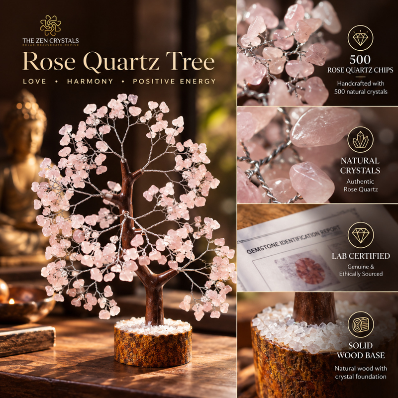Rose quartz crystal tree centerpiece on a wooden base, shown with feature callout panels on the right highlighting 500 rose quartz chips, natural crystals, lab certification, and a solid wood base. Brand logo 'The Zen Crystals' is visible.