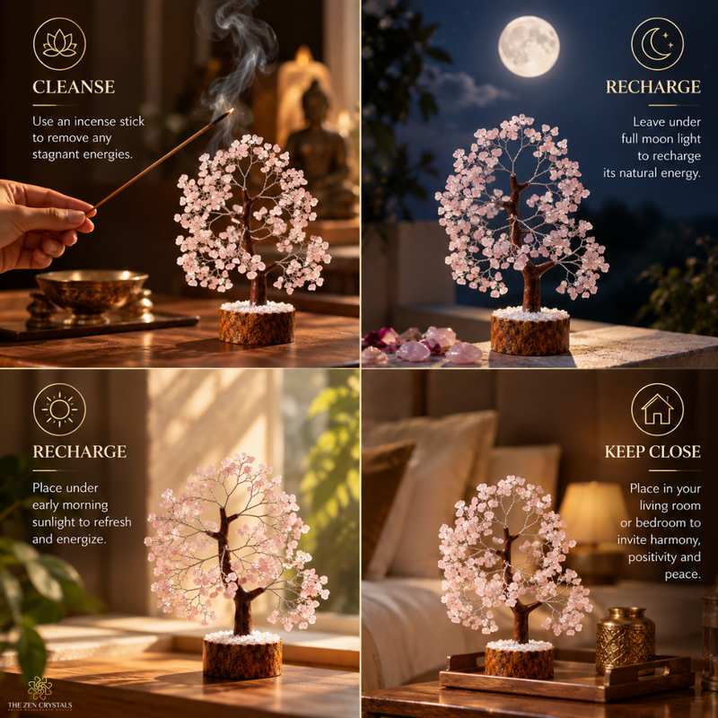 A four-panel promotional collage showing a cherry blossom tree incense holder in different use cases. The top-left panel shows a hand holding an incense stick near the tree under the text 'CLEANSE'.
