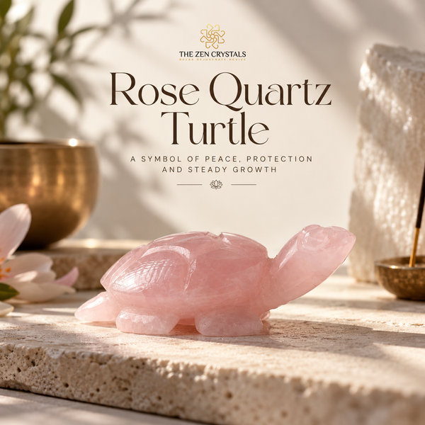 A pink rose quartz turtle carving displayed on a stone surface with warm sunlight and shadows. The image includes text reading 'The Zen Crystals Rose Quartz Turtle' with decorative crystals and a brass bowl in the background.