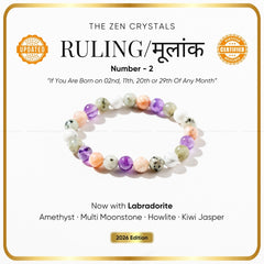Ruling Number (मूलांक) 2 Bracelet 2026 bracelet with text about 'The Zen Crystals' and its properties.