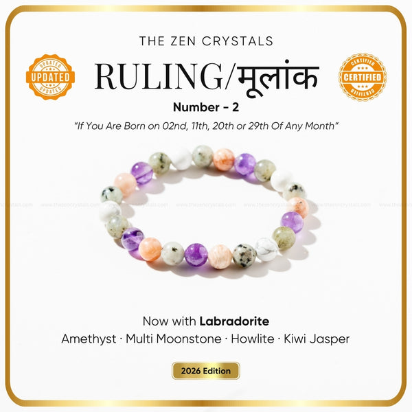 Ruling Number (मूलांक) 2 Bracelet 2026 bracelet with text about 'The Zen Crystals' and its properties.