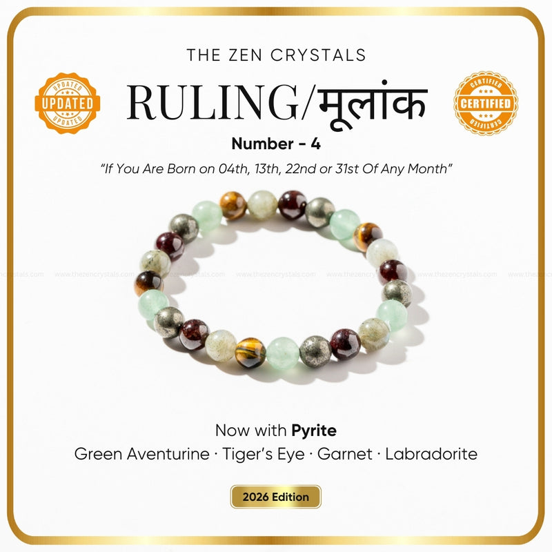 Ruling Number (मूलांक) 4 Bracelet 2026 with stones on a white background, featuring text about the stones and their properties.