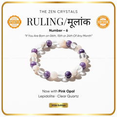 Ruling Number (मूलांक) 6 Bracelet 2026 with purple and white beads on a white background with text about the Zen Crystals.