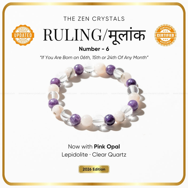Ruling Number (मूलांक) 6 Bracelet 2026 with purple and white beads on a white background with text about the Zen Crystals.