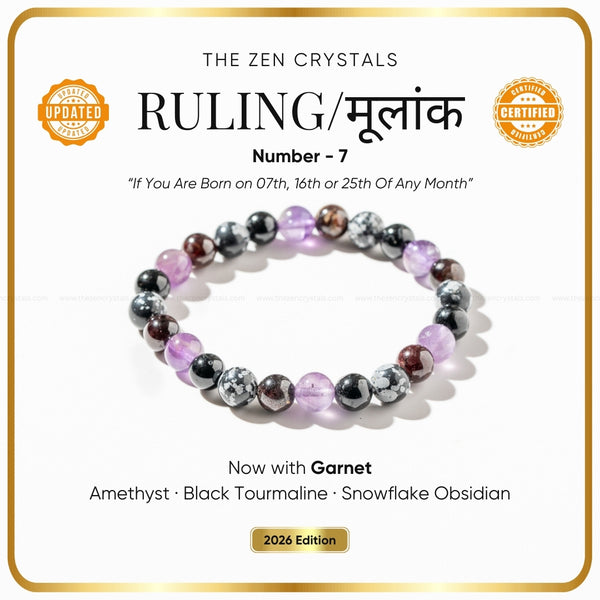 Ruling Number (मूलांक) 7 Bracelet 2026 with garnet, amethyst, black tourmaline, and snowflake obsidian on a white background with text about the crystals' properties.