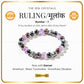 Ruling Number (मूलांक) 7 Bracelet 2026 with garnet, amethyst, black tourmaline, and snowflake obsidian on a white background with text about the crystals' properties.
