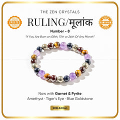 Ruling Number (मूलांक) 8 Bracelet 2026 with text about 'The Zen Crystals' and its properties.