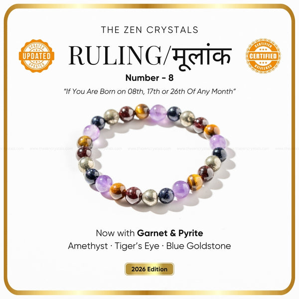 Ruling Number (मूलांक) 8 Bracelet 2026 with text about 'The Zen Crystals' and its properties.