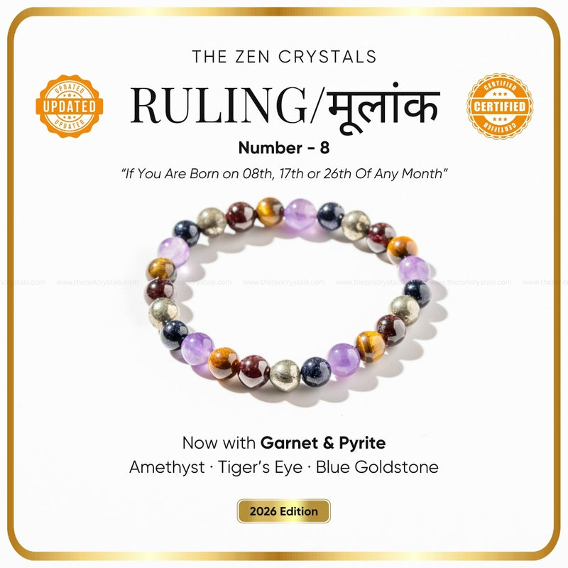 Ruling Number (मूलांक) 8 Bracelet 2026 with text about 'The Zen Crystals' and its properties.