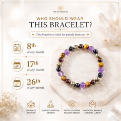 A Ruling Number 8 bracelet displayed on a white stone stand, with promotional text and icons from The Zen Crystals explaining who should wear it, set against a soft cream background with decorative crystals.