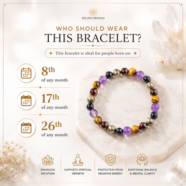 A Ruling Number 8 bracelet displayed on a white stone stand, with promotional text and icons from The Zen Crystals explaining who should wear it, set against a soft cream background with decorative crystals.