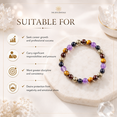 Ruling Number 8 bracelet displayed on a white stone slab, with promotional text on the left reading 'SUITABLE FOR' and 'THE ZEN CRYSTALS' at the top. The bracelet contains mixed gemstone beads including purple, orange, yellow, brown, black, and metallic gold tones.
