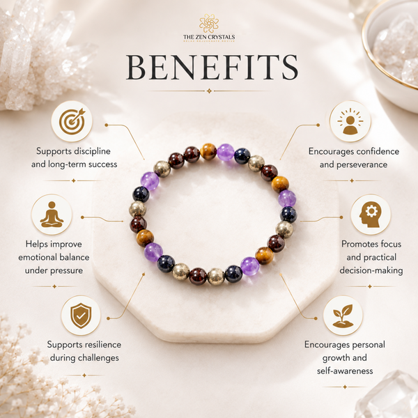 Ruling Number 8 bracelet is displayed on a white hexagonal tray with surrounding crystals and text callouts listing its benefits. The top of the image includes the brand name 'THE ZEN CRYSTALS' and the word 'BENEFITS'.