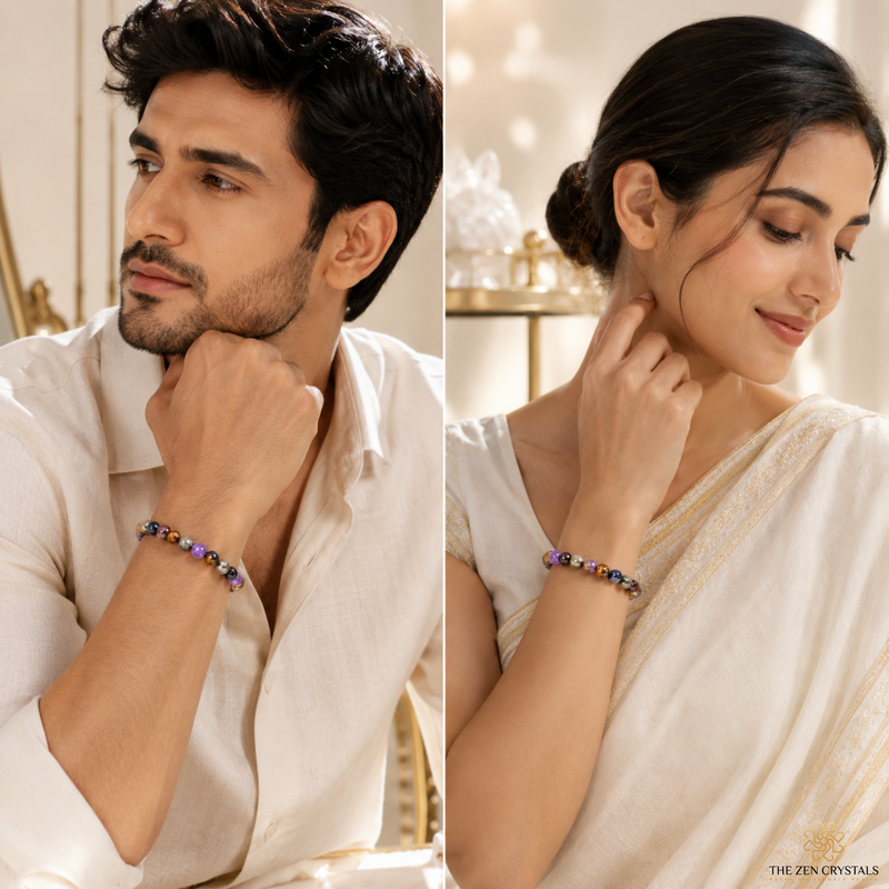 A split-screen lifestyle image showing a man and a woman wearing a Ruling Number 8 bracelet. The bracelet features small, round beads in purple, blue, and gold with a dark band.