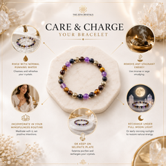 Care and charging guide for a cRuling Number 8 bracelet from The Zen Crystals, featuring a central image of a purple and brown beaded bracelet on a white cushion, surrounded by six circular diagrams with lifestyle photos and text instructions on how to rinse, meditate, and recharge the bracelet.