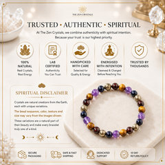 Ruling Number 8 bracelet from The Zen Crystals, displayed on a white textured surface with decorative crystals in the background. The image is a detailed marketing infographic with text detailing the brand's trust, authenticity, and spiritual qualities, along with a 'Spiritual Disclaimer' section.