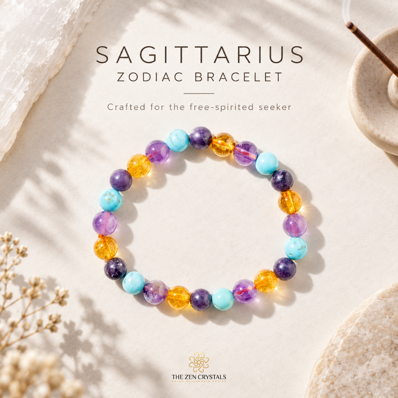 A beaded stretch bracelet for Sagittarius, featuring translucent purple, light blue, turquoise, and amber-orange beads, displayed on a textured beige background with decorative props and text.