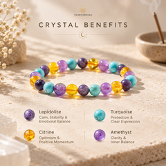 A multicolor beaded crystal bracelet displayed on a textured beige stone surface, with decorative dried flowers and a incense burner in the background. The text 'CRYSTAL BENEFITS' and labels for Lepidolite, Citrine, Turquoise, and Amethyst are shown below the bracelet, identifying the stones and their purported benefits.