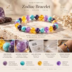 A promotional graphic for a Sagittarius Zodiac Bracelet by The Zen Crystals, showing a beaded bracelet with purple, teal, yellow, and orange beads on a sandy background. The image includes text detailing the bracelet's zodiac meaning, features like 8mm beads and natural crystals, a SGS lab certification logo, and a bottom section with crystal explanations.