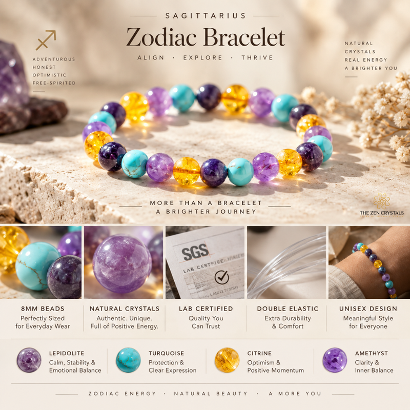 A promotional graphic for a Sagittarius Zodiac Bracelet by The Zen Crystals, showing a beaded bracelet with purple, teal, yellow, and orange beads on a sandy background. The image includes text detailing the bracelet's zodiac meaning, features like 8mm beads and natural crystals, a SGS lab certification logo, and a bottom section with crystal explanations.