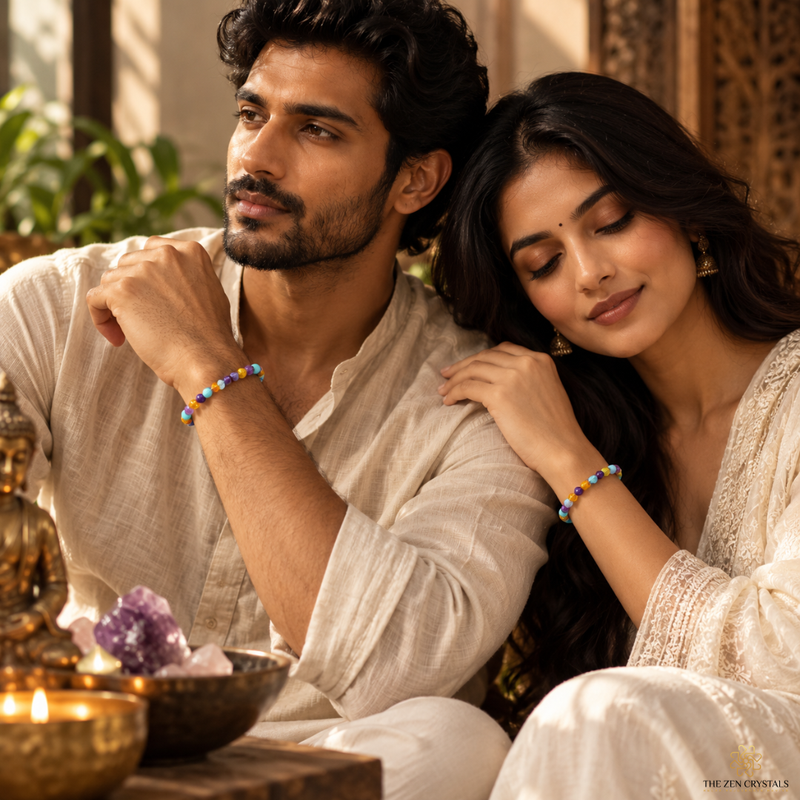 A man and a woman wearing matching beaded bracelets with blue, red, yellow, and green beads, posed together in a warm, traditional indoor setting with lit candles and decorative bowls.