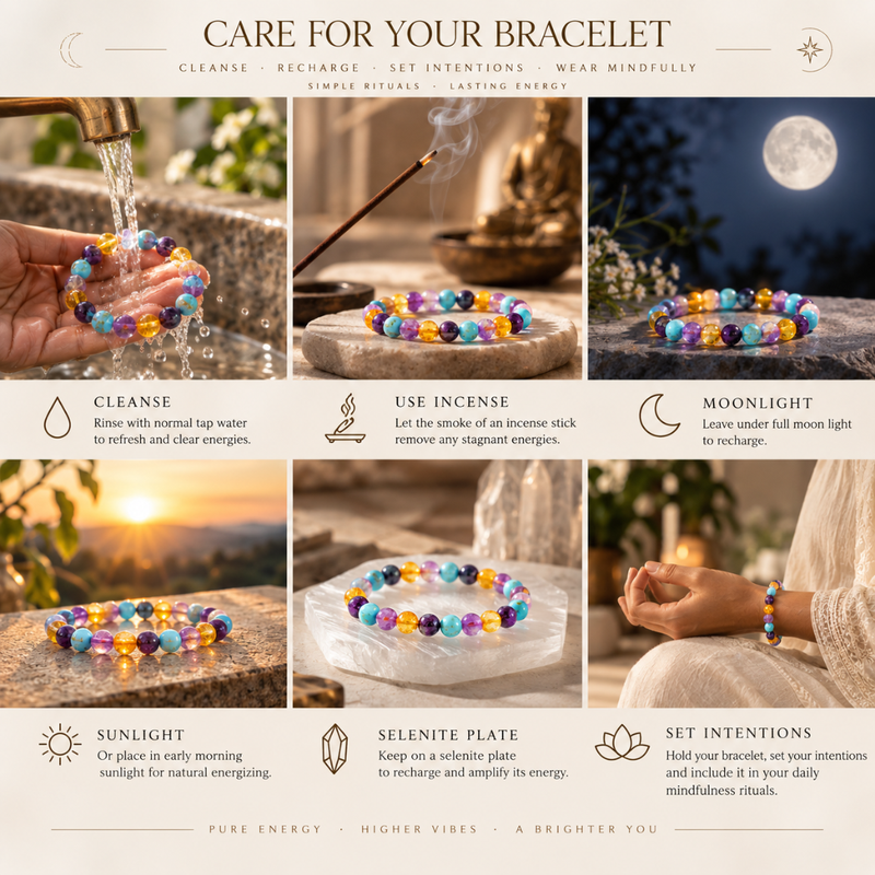 A six-panel care guide for a beaded bracelet, showing the bracelet in different styled contexts with text instructions like cleanse, use incense, moonlight, sunlight, seletine plate, and set intentions. The bracelet features multicolored round beads in purple, blue, orange, yellow, and pink.