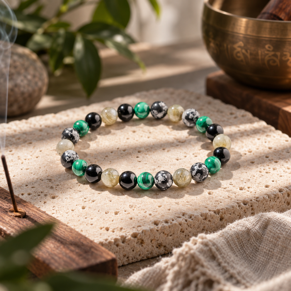 A beaded stretch bracelet made of polished round beads in black, emerald green, white, and cream, displayed on a textured beige stone slab with a bronze singing bowl and green leaves in the background.