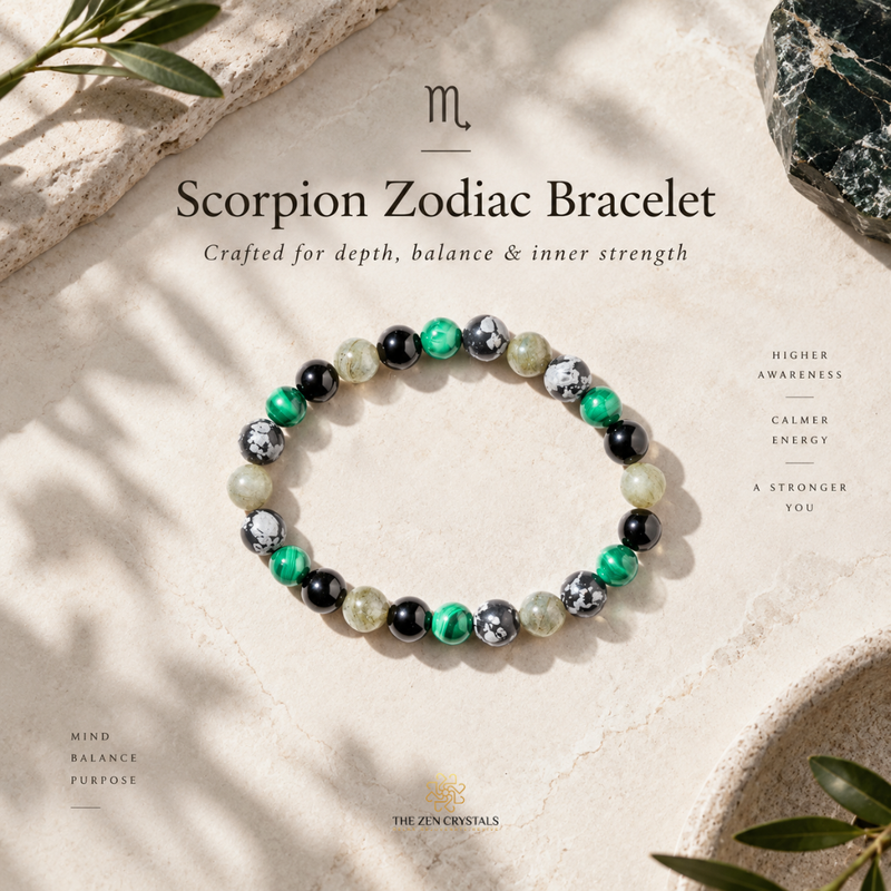 A beaded stretch bracelet for the Scorpion zodiac, featuring green, black, white, and pale green marbled beads, displayed on a textured beige stone surface with decorative leaves and text overlays.