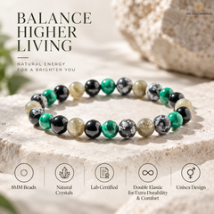 A beaded stretch bracelet displayed on a stone pedestal, featuring alternating green, black, white, and beige natural crystal beads. The image includes marketing text and icons highlighting product features such as 8mm beads, natural crystals, lab certification, and double elastic comfort.