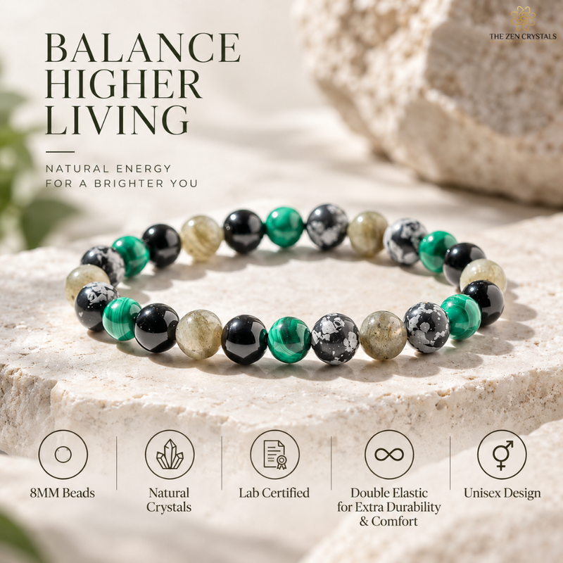 A beaded stretch bracelet displayed on a stone pedestal, featuring alternating green, black, white, and beige natural crystal beads. The image includes marketing text and icons highlighting product features such as 8mm beads, natural crystals, lab certification, and double elastic comfort.
