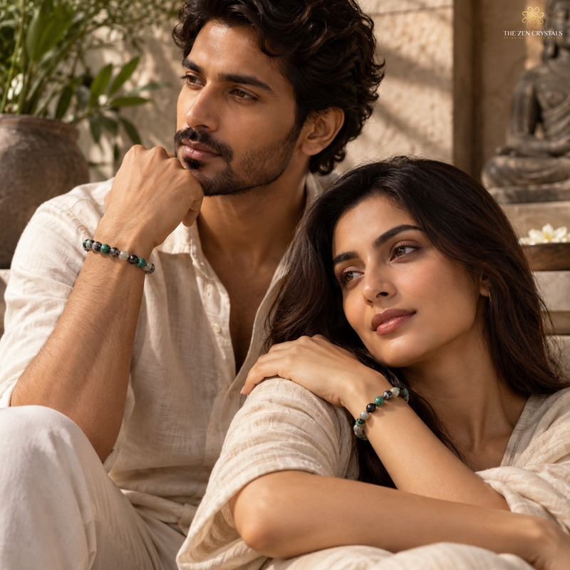 A man and a woman in matching cream-colored linen clothing sit closely together in a warm, sunlit indoor setting. Each wears a beaded bracelet with dark green and metallic beads.