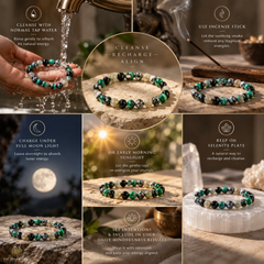 A collage of six panels showing a beaded bracelet made of green, black, and white marbled stones. The image includes instructional text overlays about how to use and care for the crystal bracelet, such as cleansing with normal tap water, using an incense stick, charging under moonlight, and wearing it in daily mindfulness rituals.