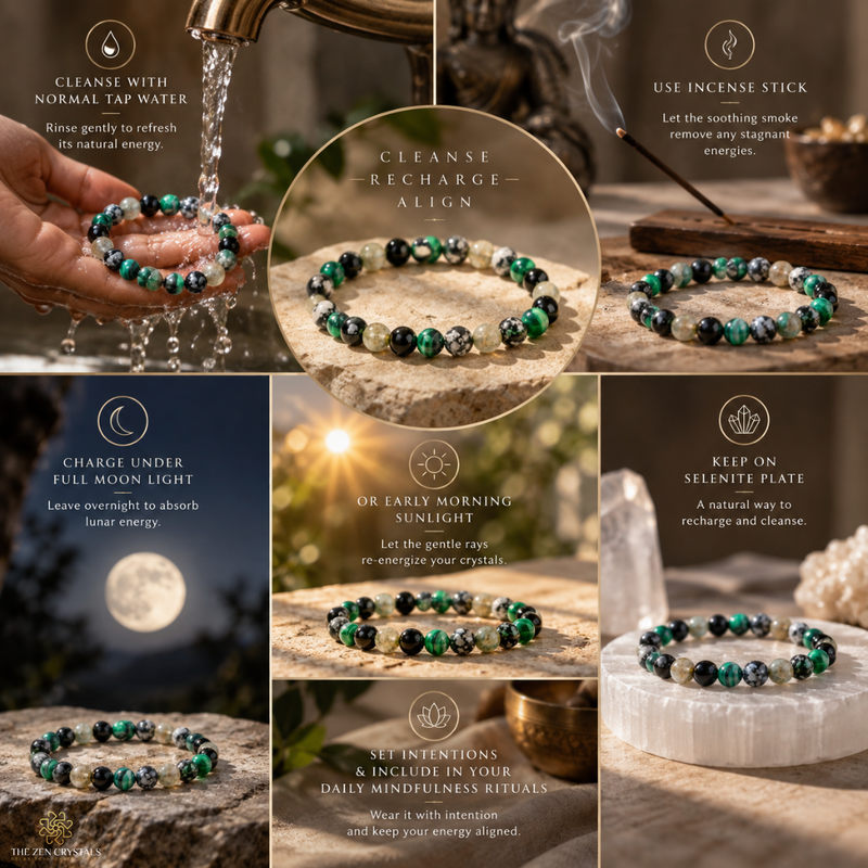 A collage of six panels showing a beaded bracelet made of green, black, and white marbled stones. The image includes instructional text overlays about how to use and care for the crystal bracelet, such as cleansing with normal tap water, using an incense stick, charging under moonlight, and wearing it in daily mindfulness rituals.