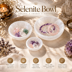 Three white semi-translucent selenite crystal bowls arranged on a beige surface with decorative crystals, dried flowers, a candle, and a Buddha statue. The text 'Selenite Bowl' appears at the top with smaller words 'CLEANSE • CHARGE • ELEVATE.
