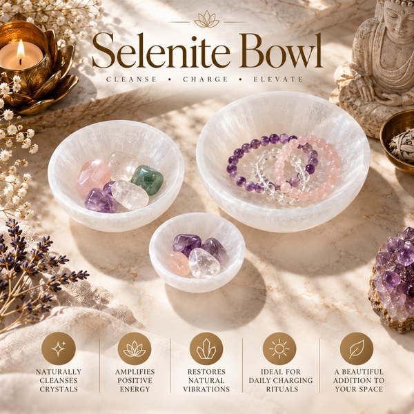 Three white semi-translucent selenite crystal bowls arranged on a beige surface with decorative crystals, dried flowers, a candle, and a Buddha statue. The text 'Selenite Bowl' appears at the top with smaller words 'CLEANSE • CHARGE • ELEVATE.