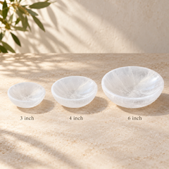 Three clear textured selenite bowls in 3, 4, and 6 inch sizes arranged on a beige stone surface with soft leaf shadows.