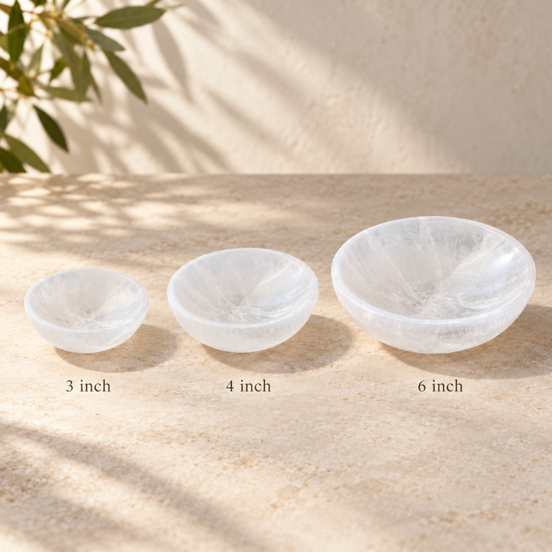 Three clear textured selenite bowls in 3, 4, and 6 inch sizes arranged on a beige stone surface with soft leaf shadows.