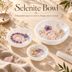 Three frosted glass selenite bowls arranged on a beige fabric surface with crystals, beads, and dried flowers. Large text at the top reads 'Selenite Bowl' with smaller text below, 'A beautiful space to rest & charge your crystals.