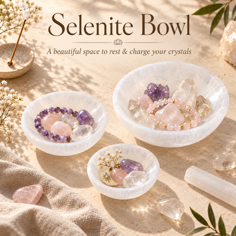 Three frosted glass selenite bowls arranged on a beige fabric surface with crystals, beads, and dried flowers. Large text at the top reads 'Selenite Bowl' with smaller text below, 'A beautiful space to rest & charge your crystals.