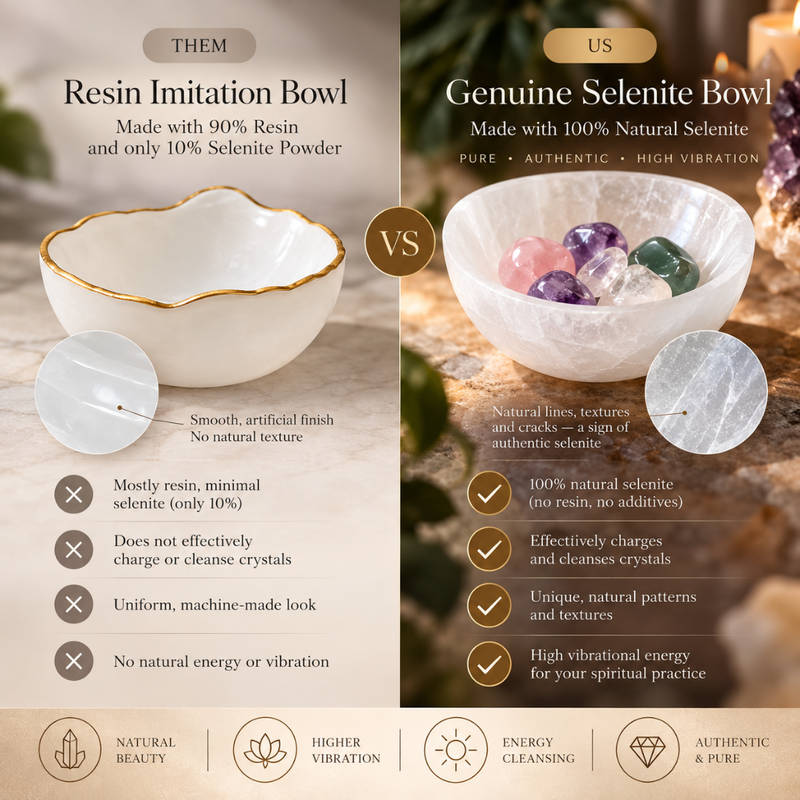 A promotional comparison graphic for a resin imitation bowl versus a genuine selenite bowl. The left side shows a white ceramic-style bowl with gold trim labeled 'Resin Imitation Bowl' and notes about 90% resin and 10% selenite powder.