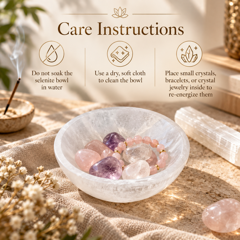 Care instructions graphic for a white crystal bowl, showing icons and text: do not soak the selenite bowl in water, use a dry soft cloth to clean the bowl, and place small crystals, bracelets, or crystal jewelry inside to re-energize them. A white crystal bowl sits on linen with pink and purple stones inside, surrounded by decorative dried flowers and a crystal cluster in a warm styled setting.